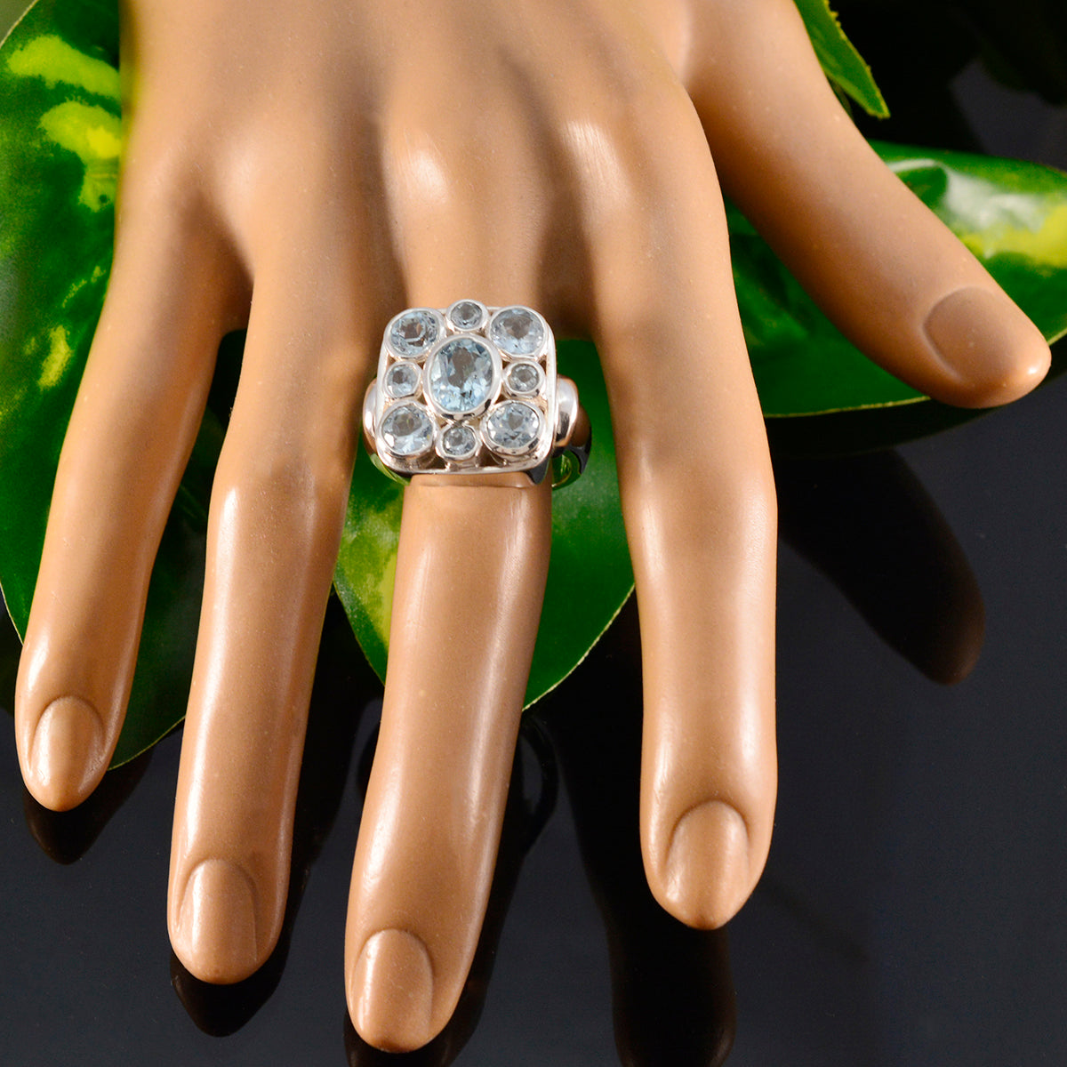 Blue Topaz Navratna Italian 925 Sterling Silver Blue Gems Chunky Armor Ring Jewelry