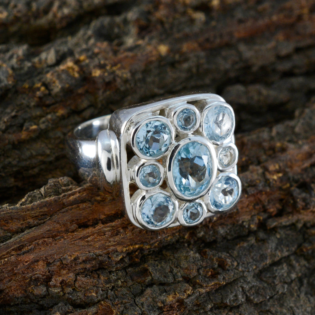 Blue Topaz Navratna Italian 925 Sterling Silver Blue Gems Chunky Armor Ring Jewelry