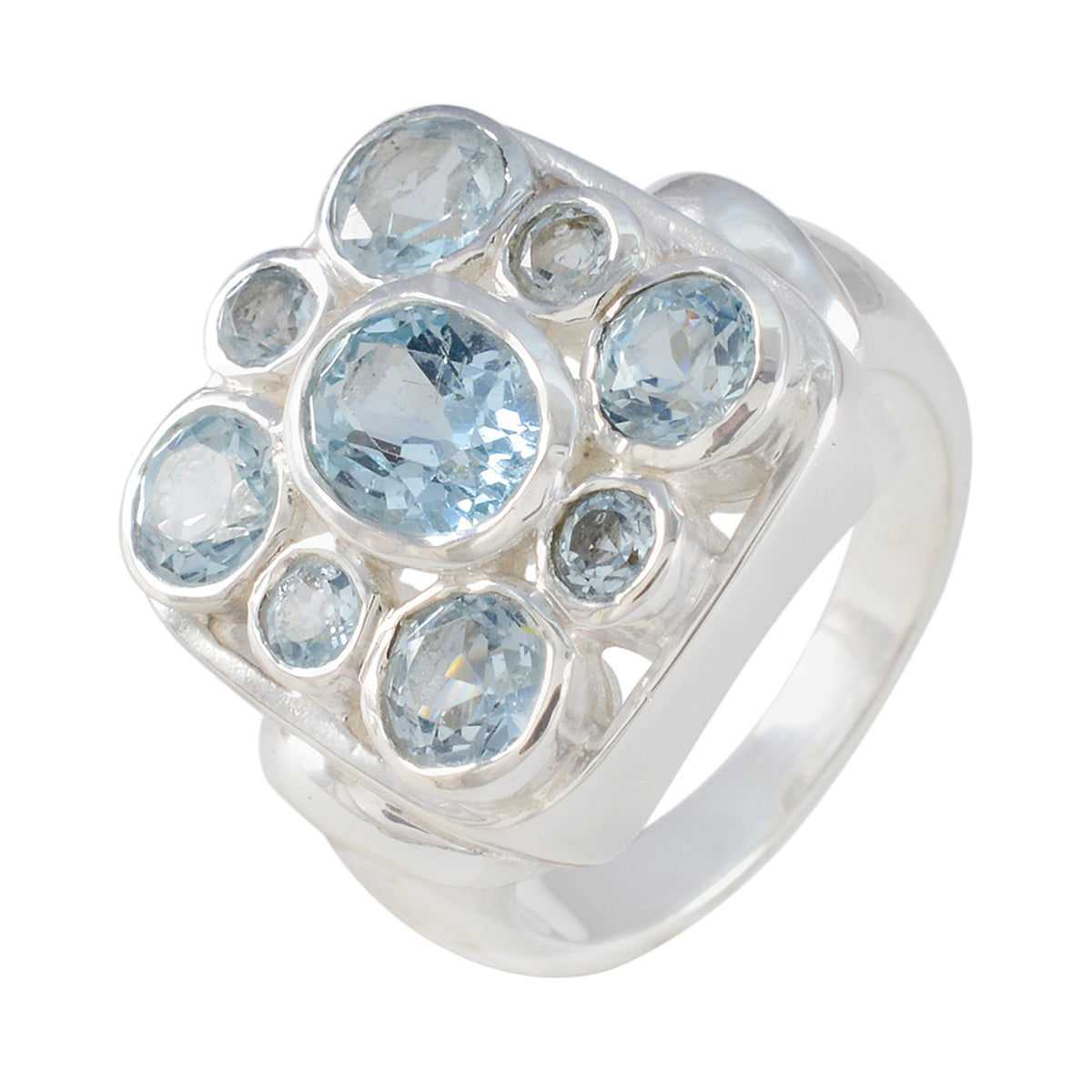 Blue Topaz Navratna Italian 925 Sterling Silver Blue Gems Chunky Armor Ring Jewelry