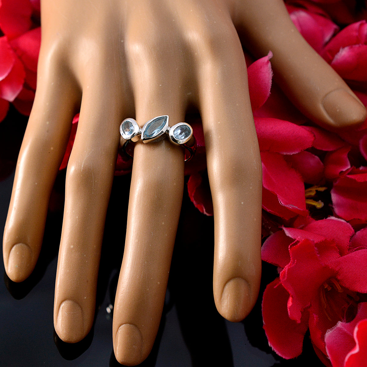 Blue Topaz Trilogy African 925 Silver Blue Gemstone Tiny Artisan Ring Jewelry