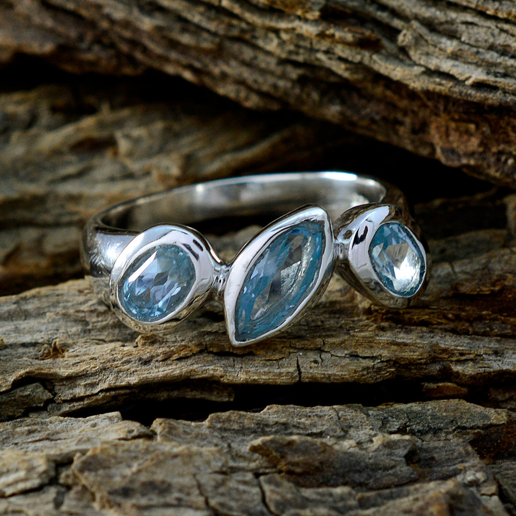 Blue Topaz Trilogy African 925 Silver Blue Gemstone Tiny Artisan Ring Jewelry