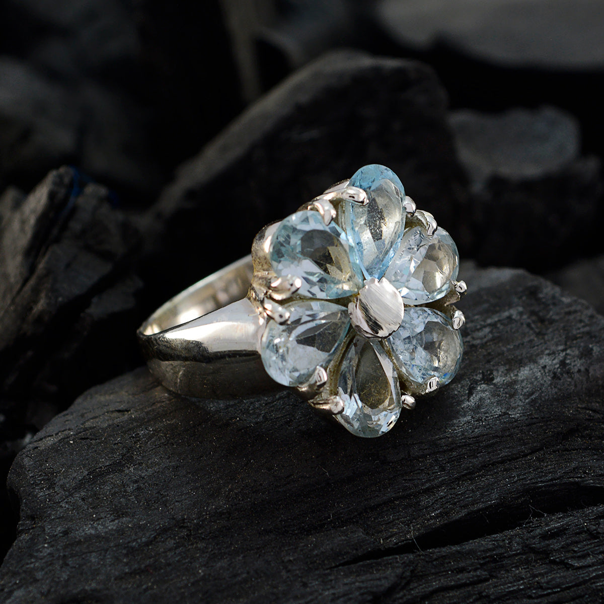 Blue Topaz Hexa Egyptian 92.5 Silver Blue Gemstones Classic Floral Ring Jewelry