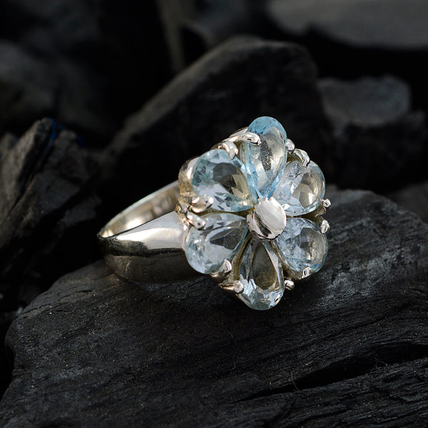 Blue Topaz Hexa Egyptian 92.5 Silver Blue Gemstones Classic Floral Ring Jewelry