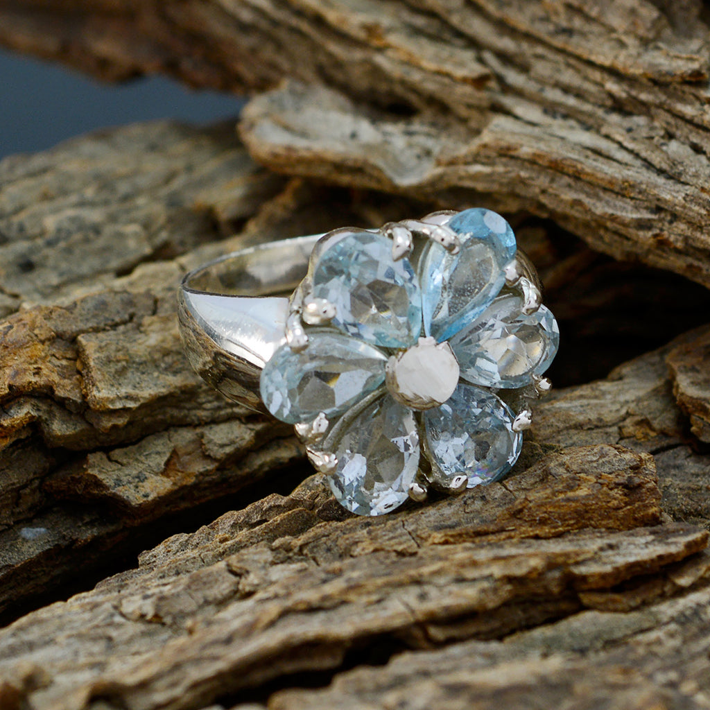 Blue Topaz Hexa Egyptian 92.5 Silver Blue Gemstones Classic Floral Ring Jewelry