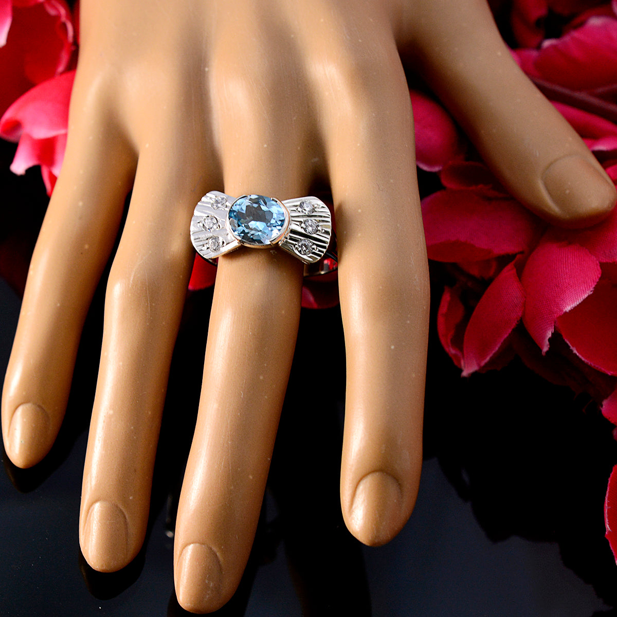 Blue Topaz Halo Russian 92.5 Silver Blue Gems Classic Contemporary Ring Jewellery