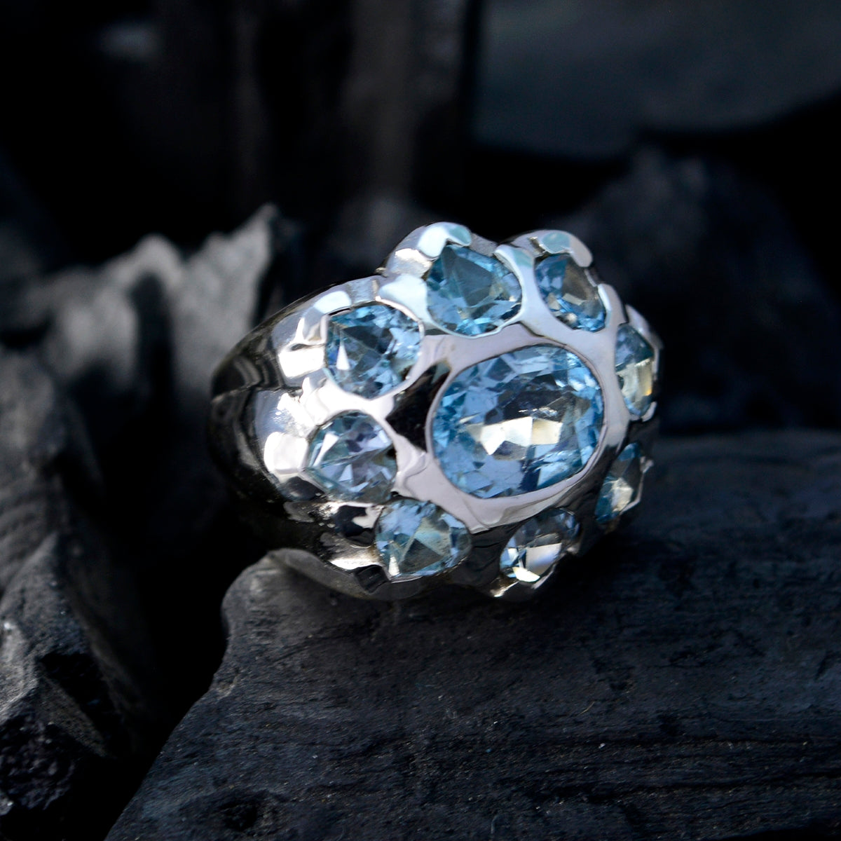 Blue Topaz multiple Spanish Silver Blue Gems Chunky Artisan Ring Jewellery