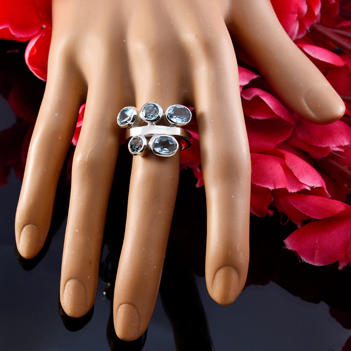 Blue Topaz Penta Russian 925 Silver Blue Gemstones Versatile Trendy Ring Jewellery