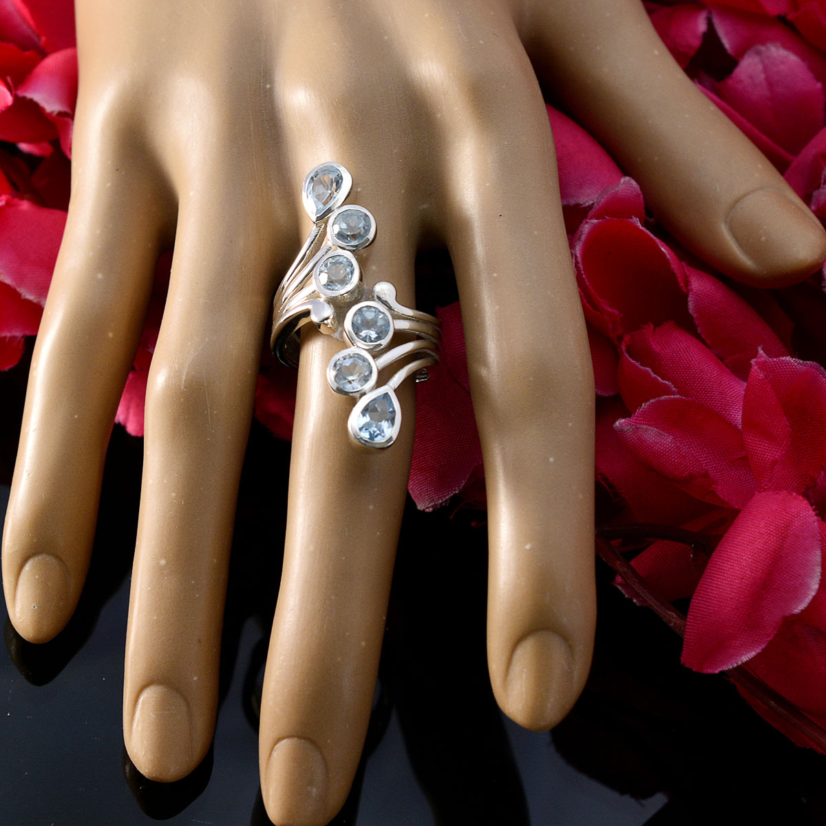 Blue Topaz Hexa Moroccan 925 Silver Blue Gemstones Versatile Contemporary Ring Jewelry