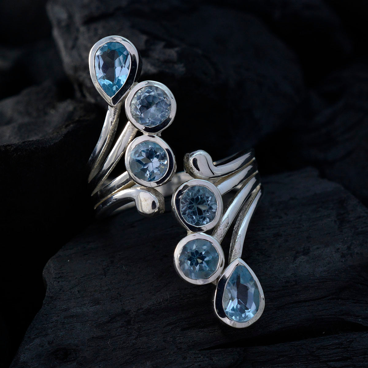 Blue Topaz Hexa Moroccan 925 Silver Blue Gemstones Versatile Contemporary Ring Jewelry
