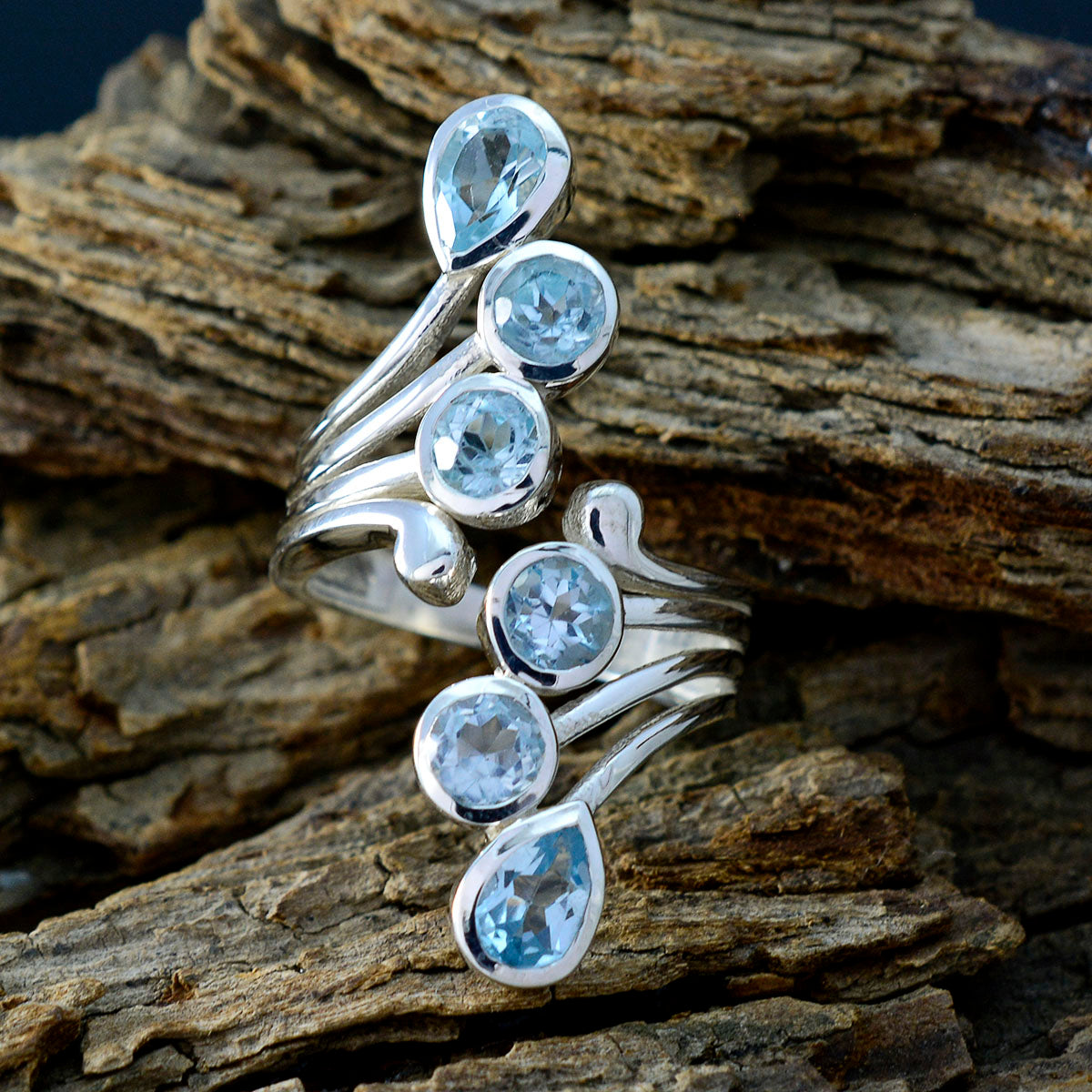 Blue Topaz Hexa Moroccan 925 Silver Blue Gemstones Versatile Contemporary Ring Jewelry