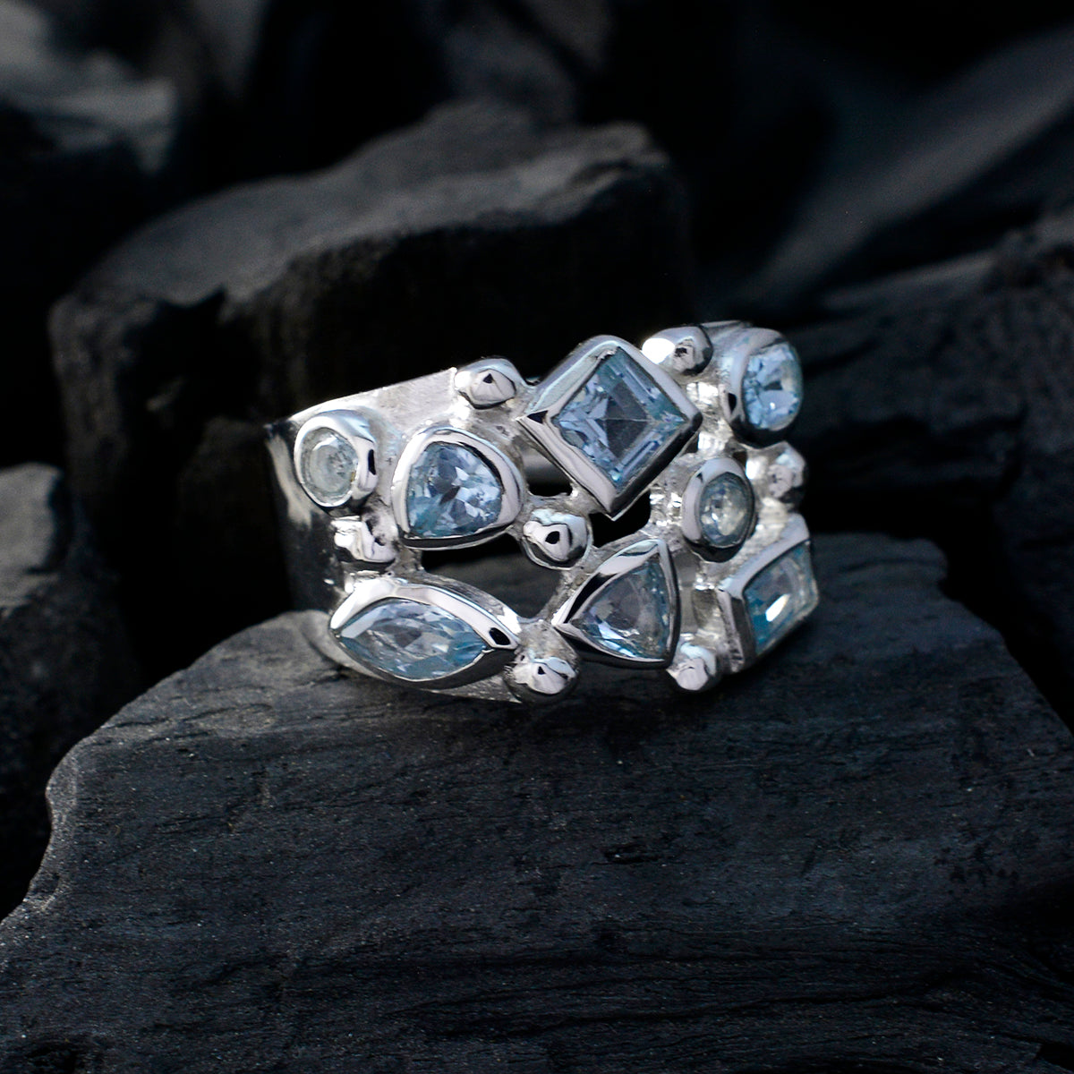 Blue Topaz multiple Moroccan 925 Sterling Silver Blue Gemstone Eye catching Trendy Ring Jewellery