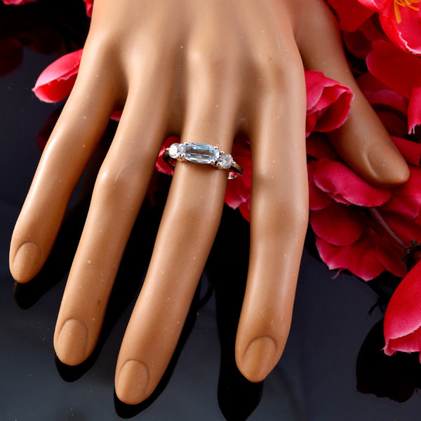 Blue Topaz Trilogy Korean 925 Sterling Silver Blue Gemstone Whisper thin Glamorous Ring Jewellery