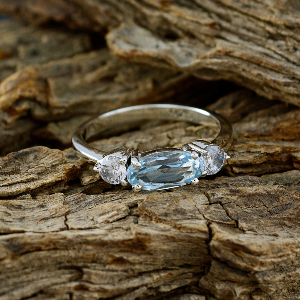 Blue Topaz Trilogy Korean 925 Sterling Silver Blue Gemstone Whisper thin Glamorous Ring Jewellery