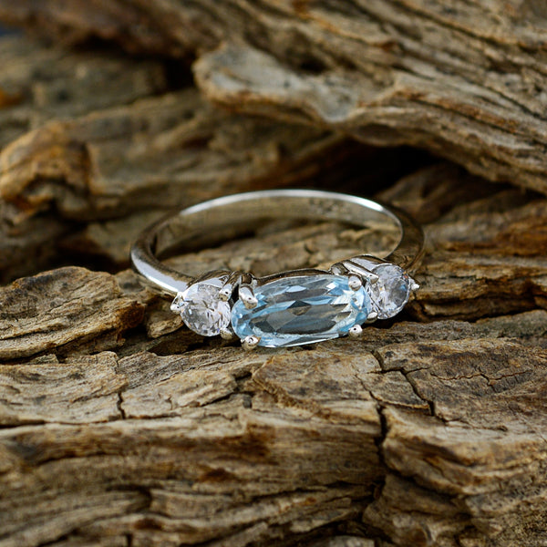 Blue Topaz Trilogy Korean 925 Sterling Silver Blue Gemstone Whisper thin Glamorous Ring Jewellery
