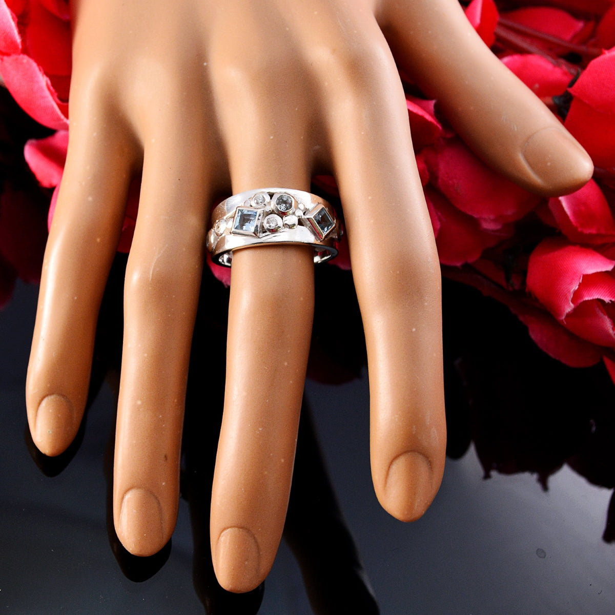 Blue Topaz Trilogy Indian 92.5 Silver Blue Gems Eye catching Contemporary Ring Jewellery