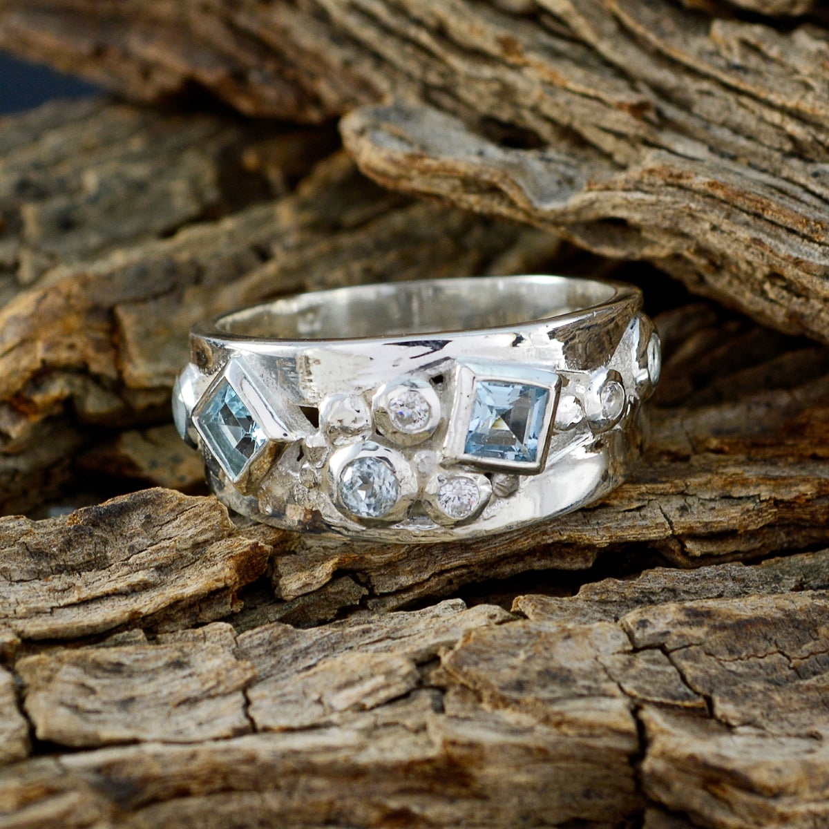 Blue Topaz Trilogy Indian 92.5 Silver Blue Gems Eye catching Contemporary Ring Jewellery