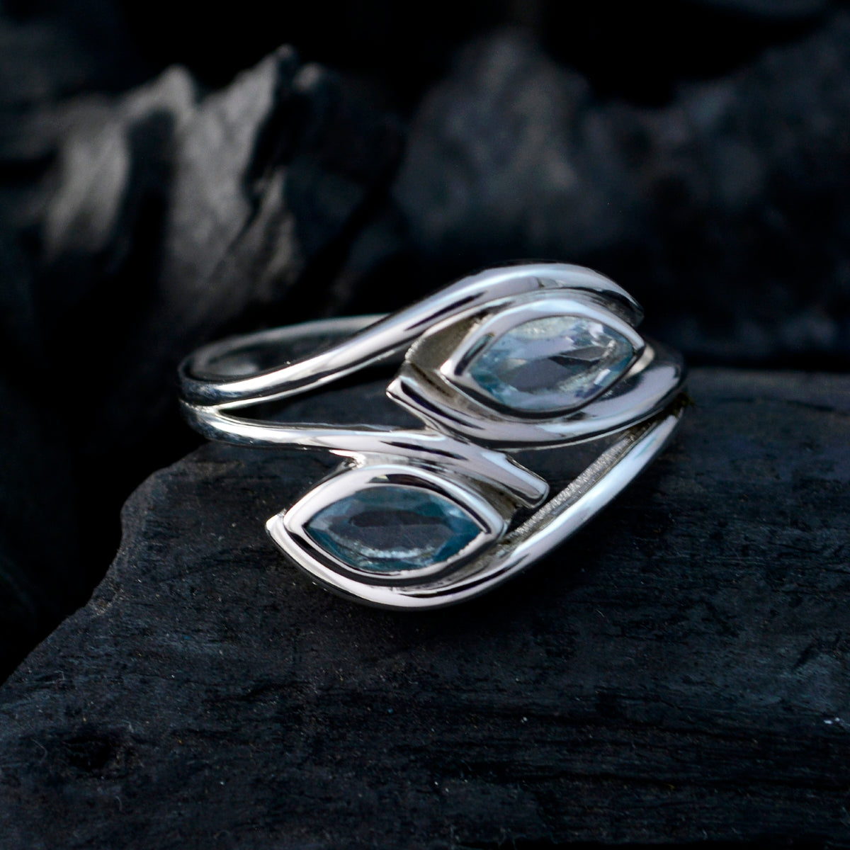 Blue Topaz Toi et Moi African 925 Sterling Silver Blue Gemstone Slim Luxurious Ring Jewellery