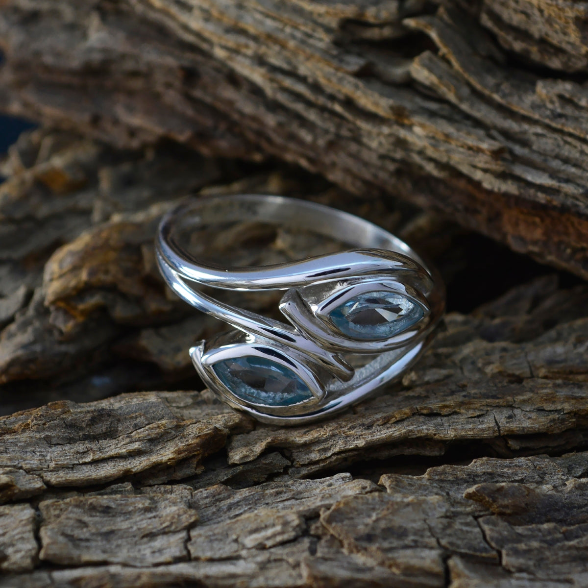 Blue Topaz Toi et Moi African 925 Sterling Silver Blue Gemstone Slim Luxurious Ring Jewellery