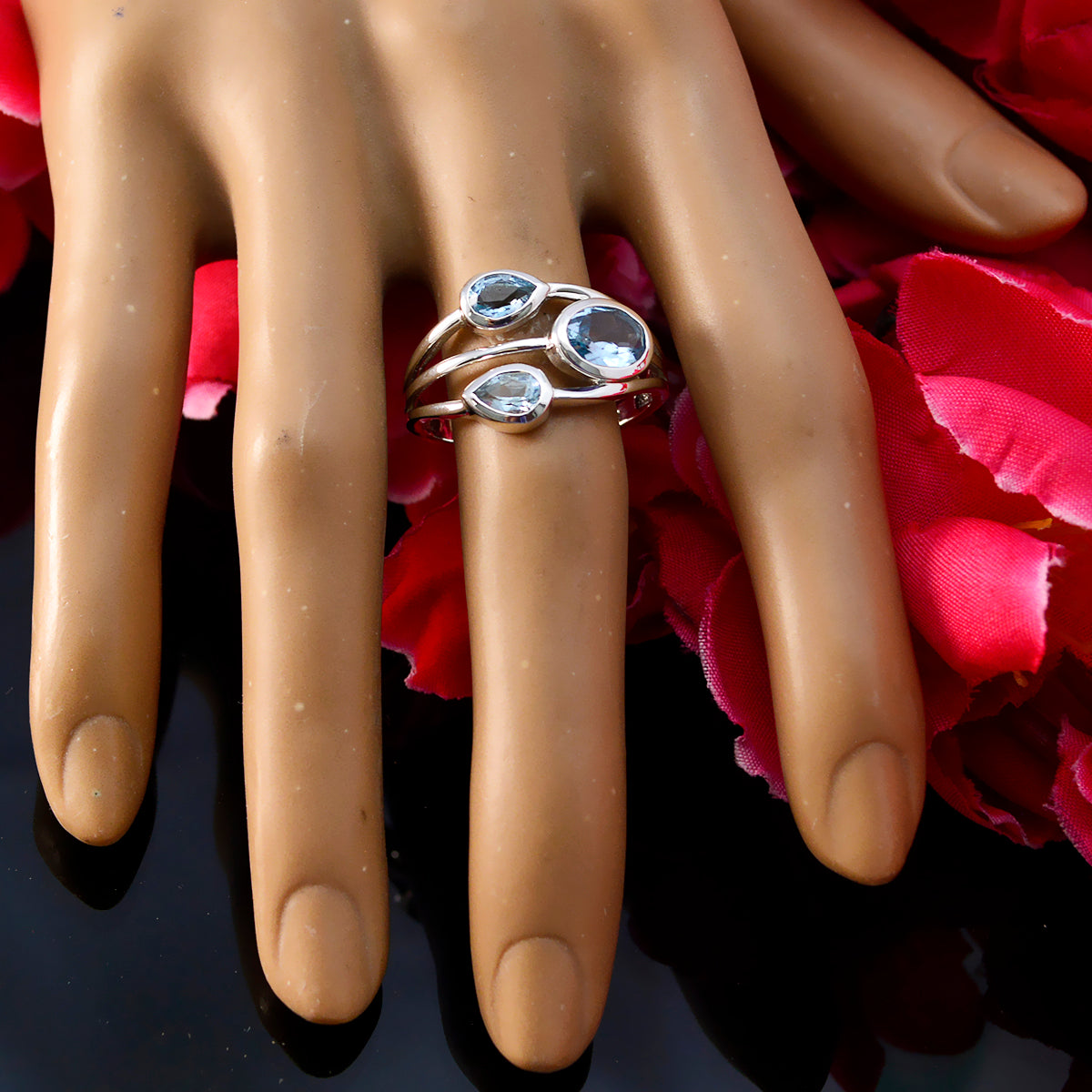 Blue Topaz Trilogy French 925 Sterling Silver Blue Gemstones Slim Boho Ring Jewelry