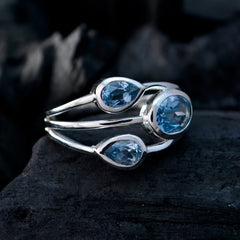 Blue Topaz Trilogy French 925 Sterling Silver Blue Gemstones Slim Boho Ring Jewelry