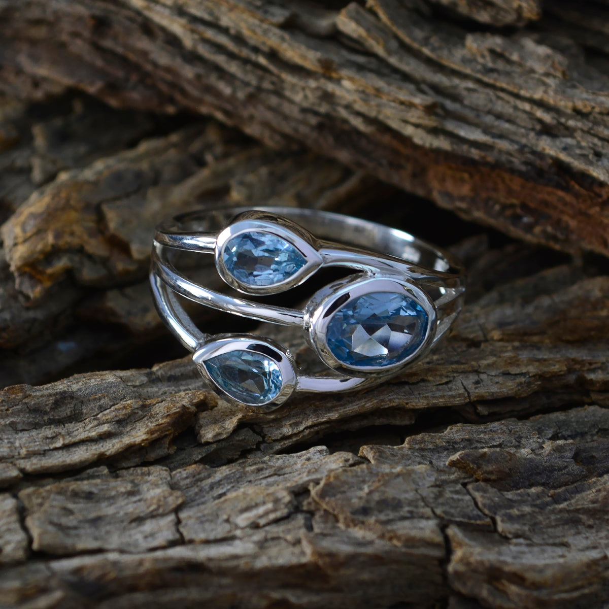 Blå Topas Trilogi Fransk 925 Sterling Silver Blå Ädelstenar Smal Boho Ring Smycken Sekundär produktbild