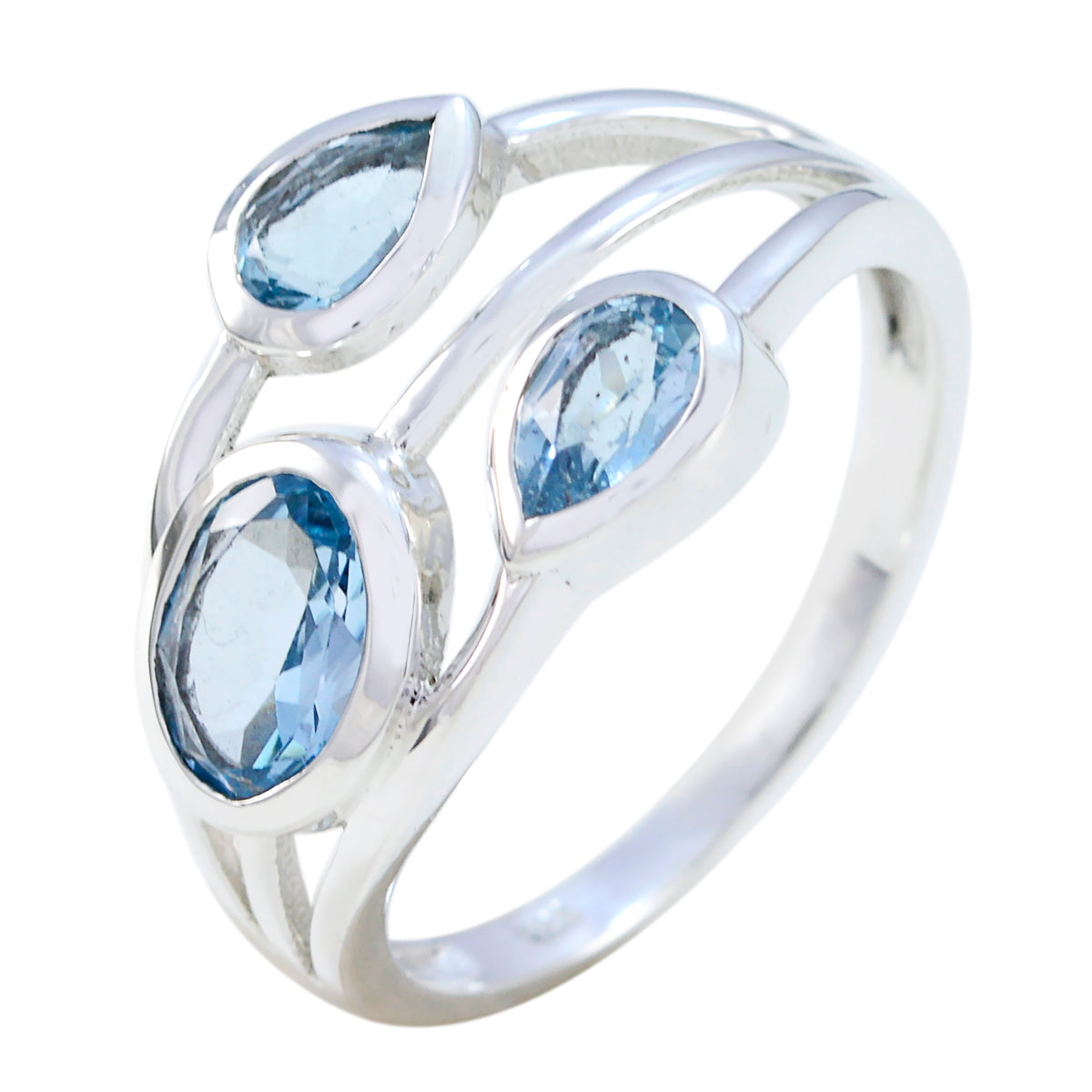 Blue Topaz Trilogy French 925 Sterling Silver Blue Gemstones Slim Boho Ring Jewelry