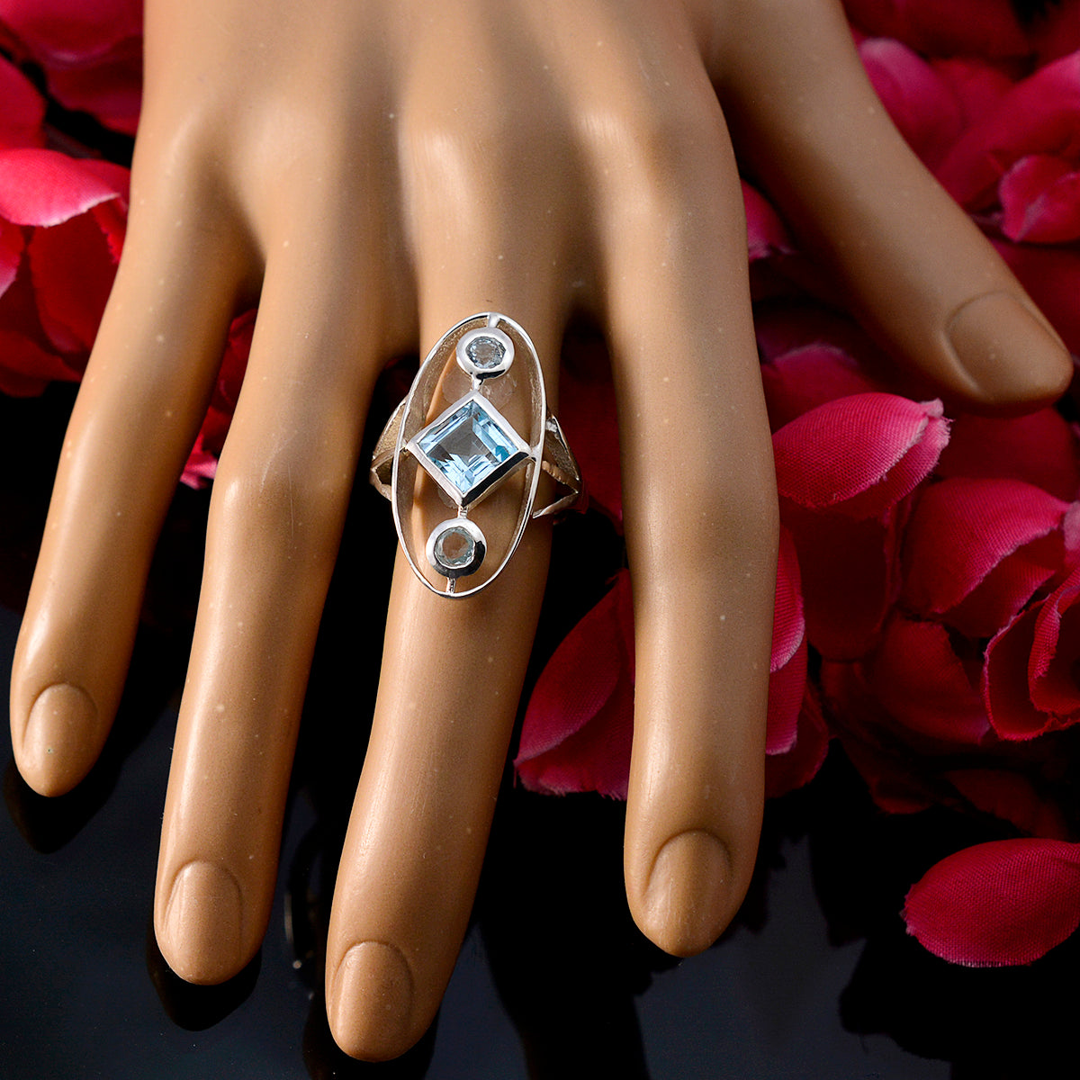 Blue Topaz Trilogy German 92.5 Silver Blue Gemstones Slim Graceful Ring Jewellery