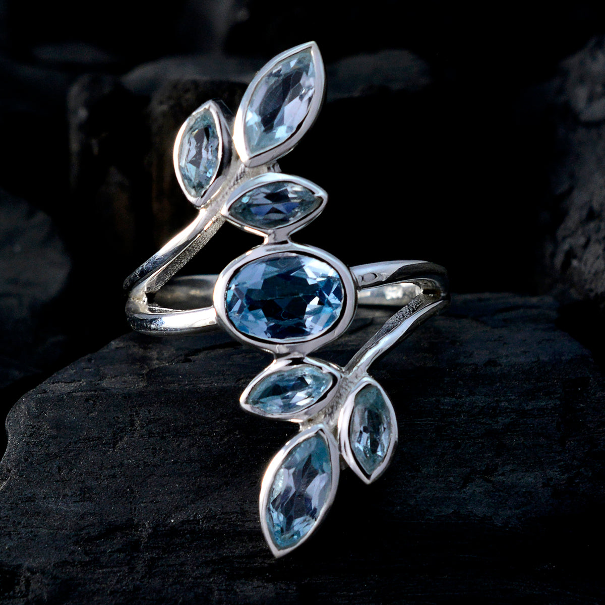 Blue Topaz Hepta Moroccan 925 Sterling Silver Blue Gemstone Classic Leafy Ring Jewelry