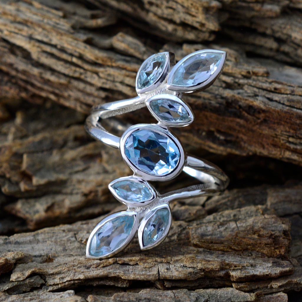 Blue Topaz Hepta Moroccan 925 Sterling Silver Blue Gemstone Classic Leafy Ring Jewelry