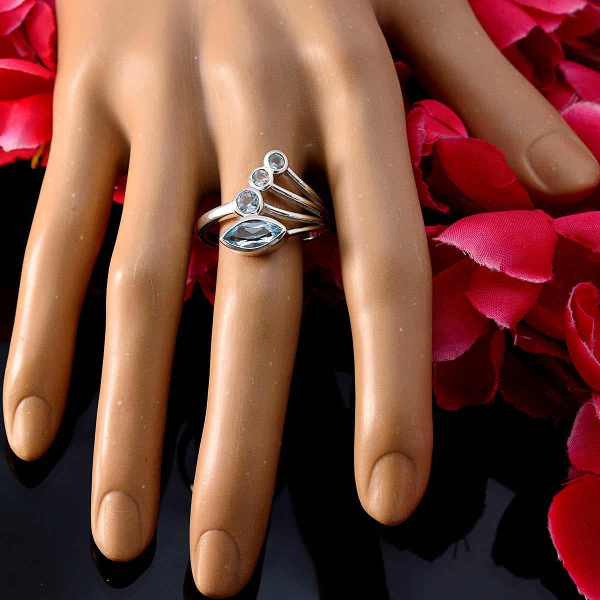 Blue Topaz quarter Moroccan 92.5 Silver Blue Gems Slim Trendy Ring Jewelry