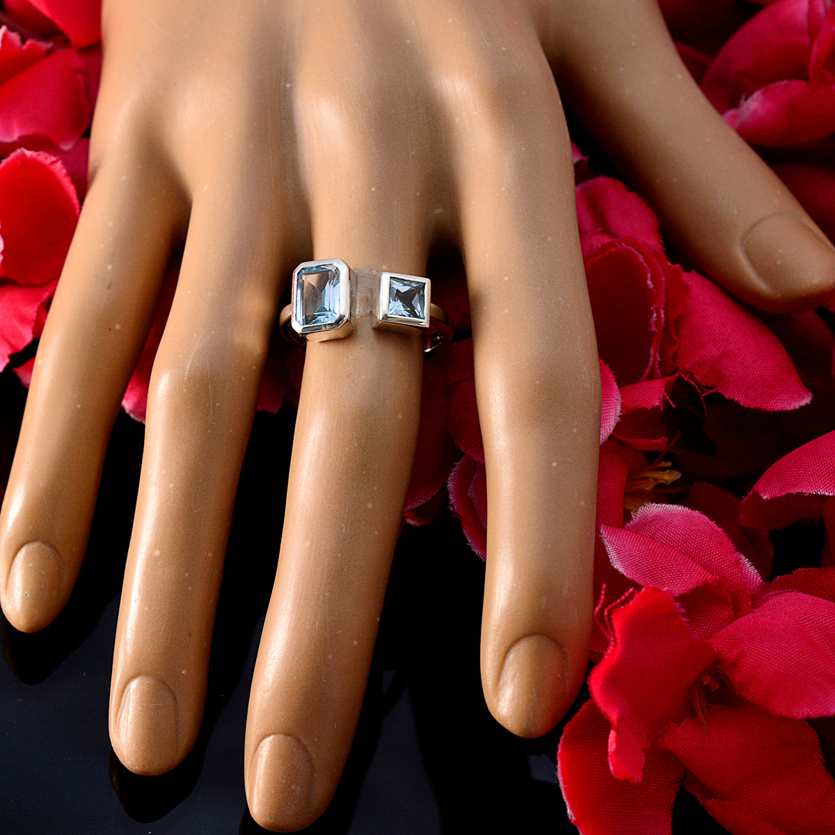 Blue Topaz Toi et Moi Turkish Sterling Silver Blue Gemstone Whisper thin Abstract Ring Jewellery