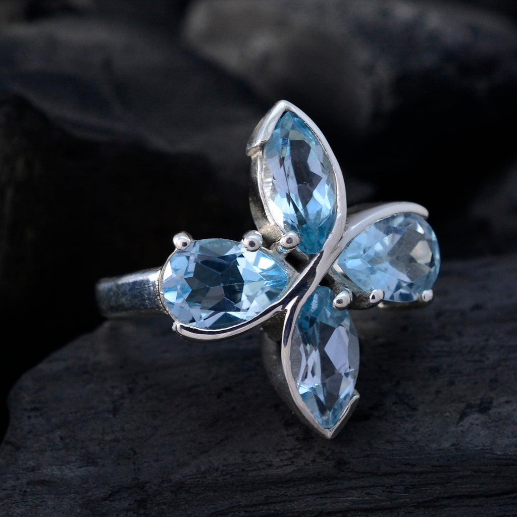 Blue Topaz quarter French 92.5 Silver Blue Gemstone Minimal Floral Ring Jewellery