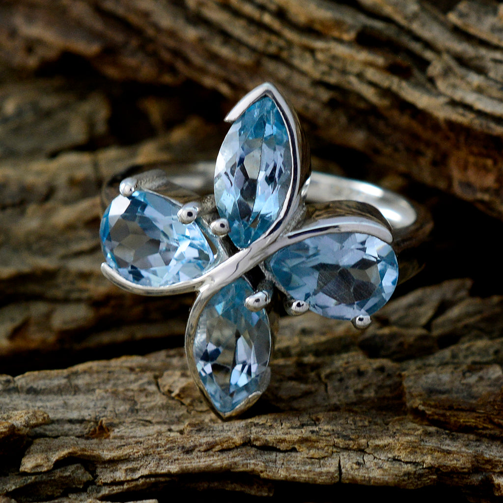 Blue Topaz quarter French 92.5 Silver Blue Gemstone Minimal Floral Ring Jewellery