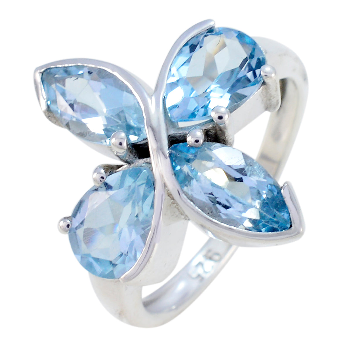 Blue Topaz quarter French 92.5 Silver Blue Gemstone Minimal Floral Ring Jewellery