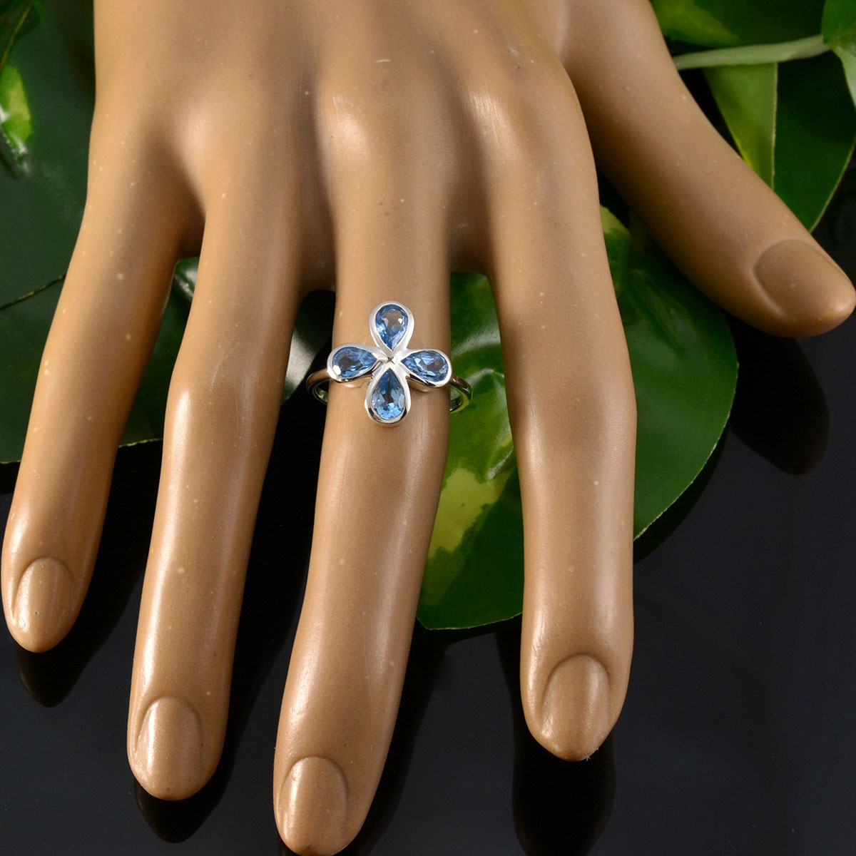 Blue Topaz quarter Korean Silver Blue Gemstone Dainty Floral Ring Jewellery