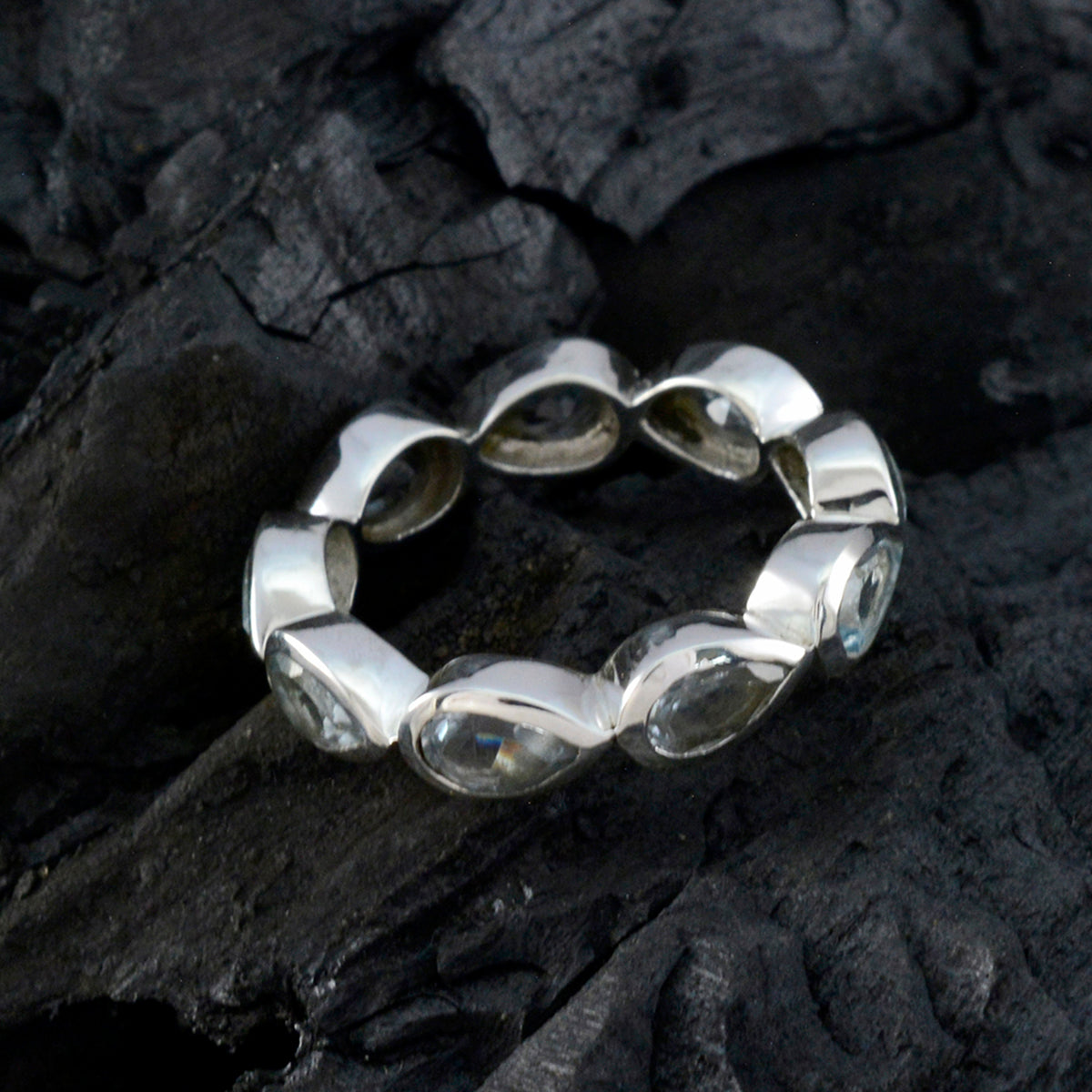 Blue Topaz multiple African 925 Silver Blue Gemstones Slim Eternity Band Jewellery