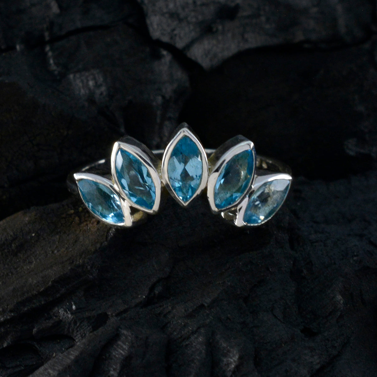 Blue Topaz Penta Japanese Sterling Silver Blue Gems Delicate crown Ring Jewelry