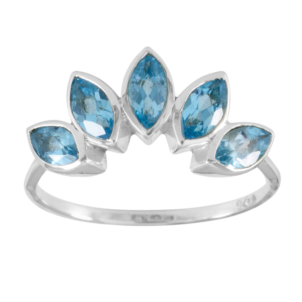 Blue Topaz Penta Japanese Sterling Silver Blue Gems Delicate crown Ring Jewelry