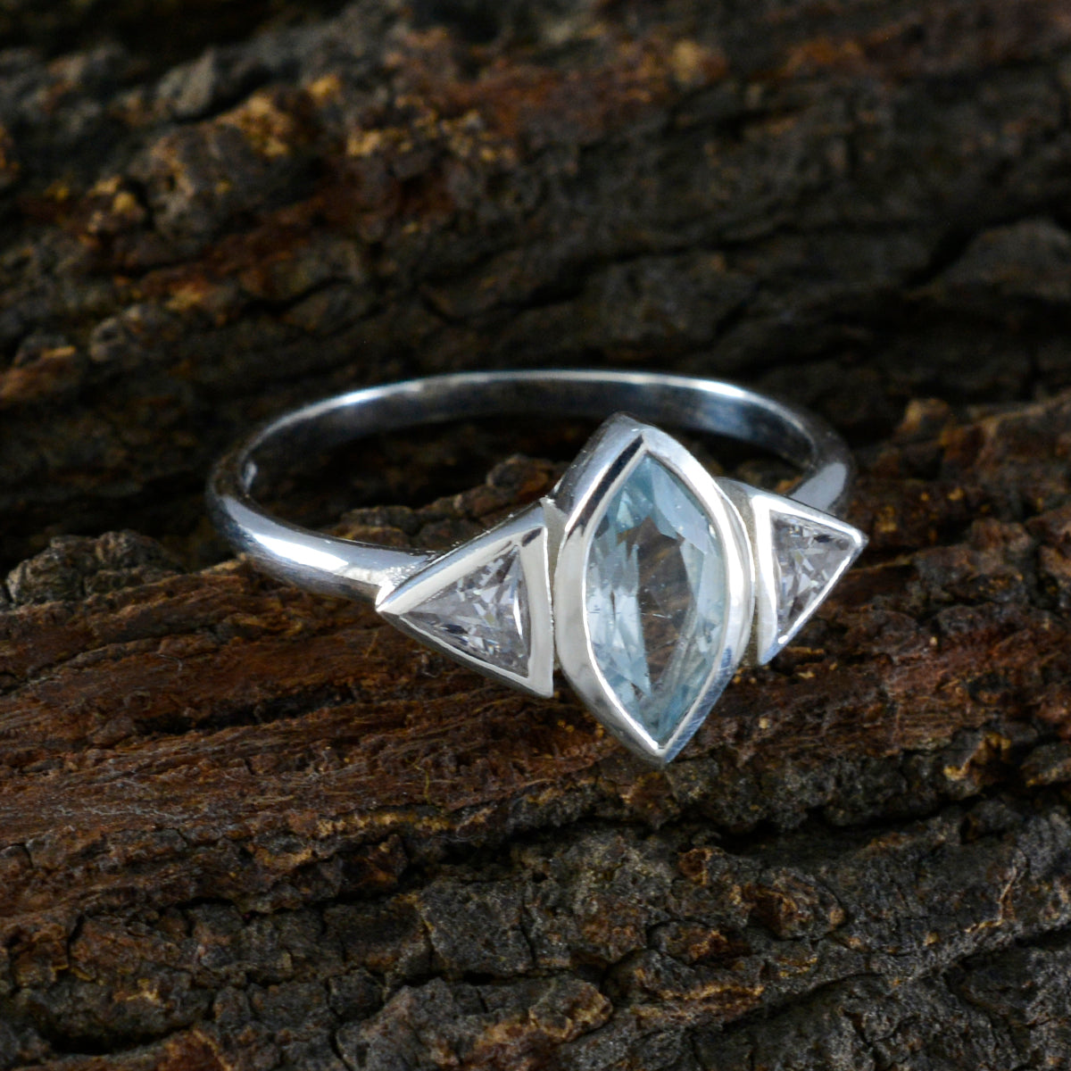 Blue Topaz Trilogy Korean 925 Sterling Silver Blue Gemstone Whisper thin Fairytale Ring Jewelry