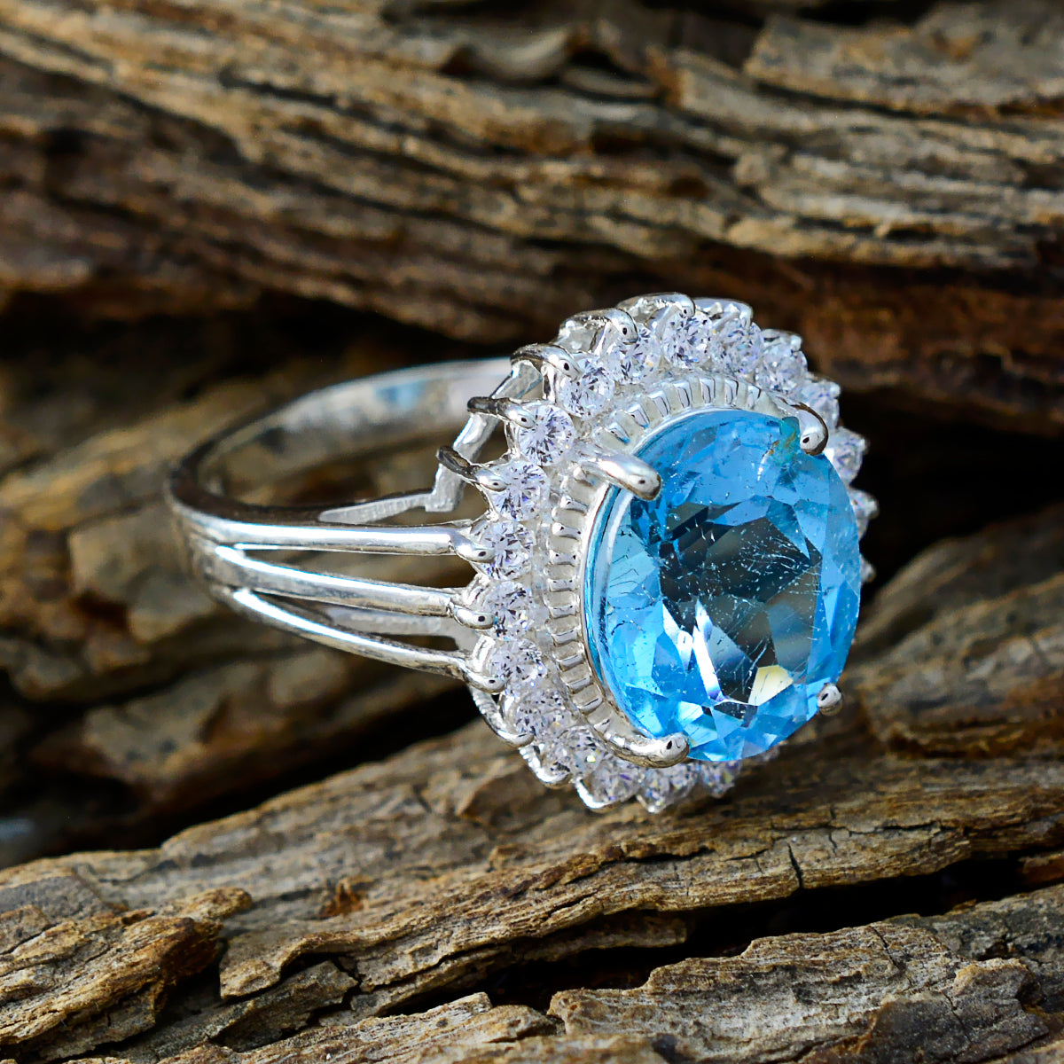Blue Topaz Halo French 925 Silver Blue Gemstone Classic Signet Ring Jewelry