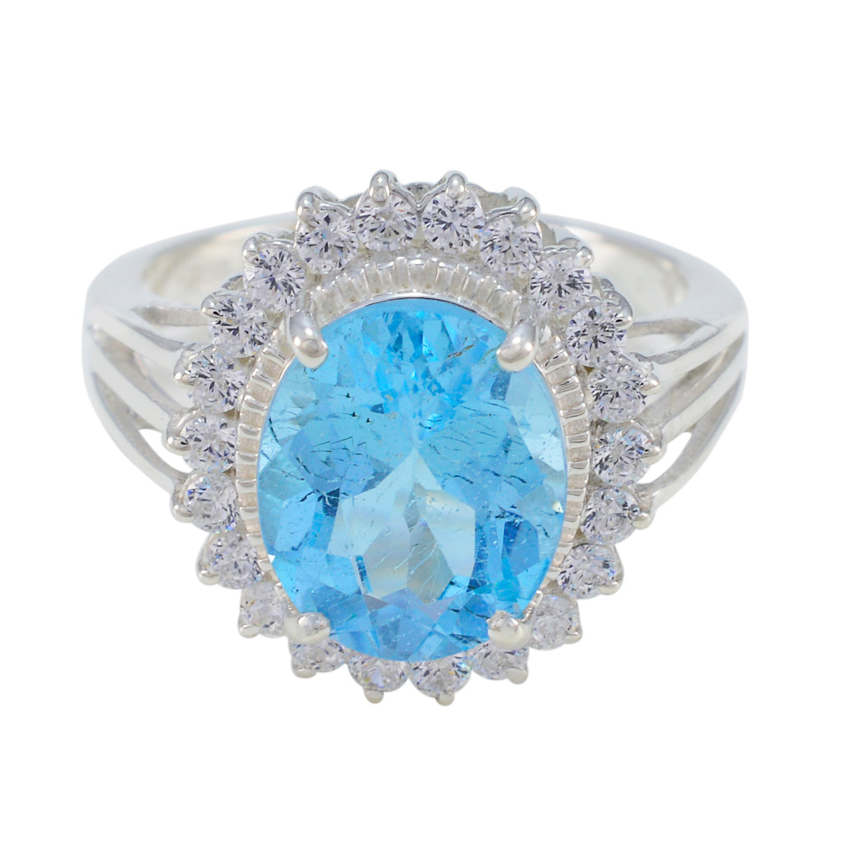 Blue Topaz Halo French 925 Silver Blue Gemstone Classic Signet Ring Jewelry Hoofdafbeelding