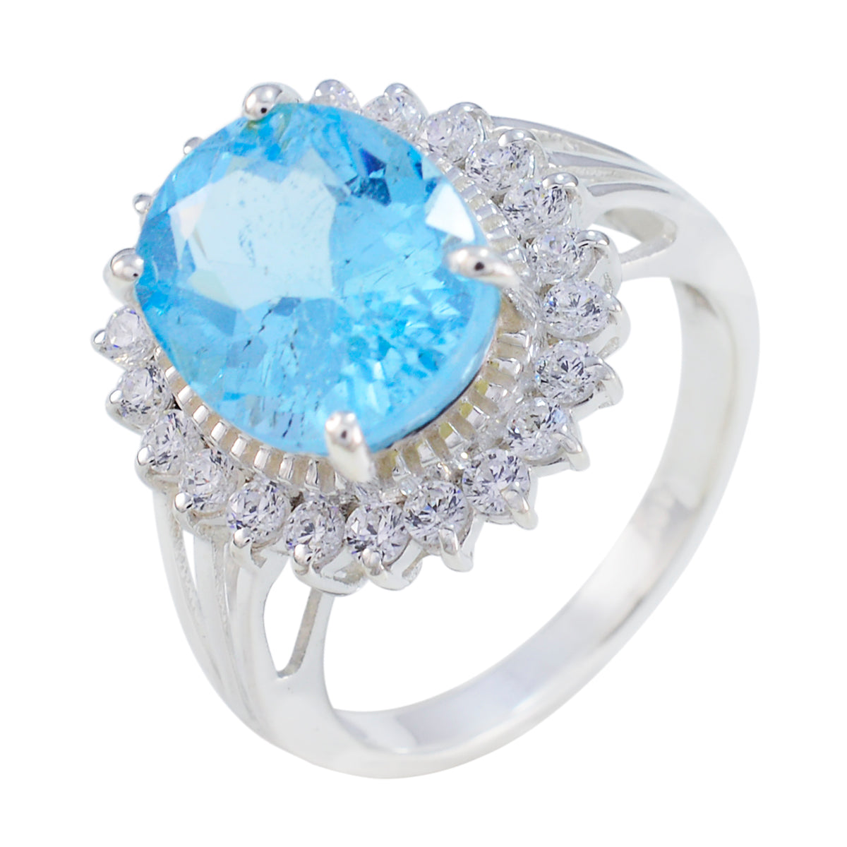 Blue Topaz Halo French 925 Silver Blue Gemstone Classic Signet Ring Jewelry