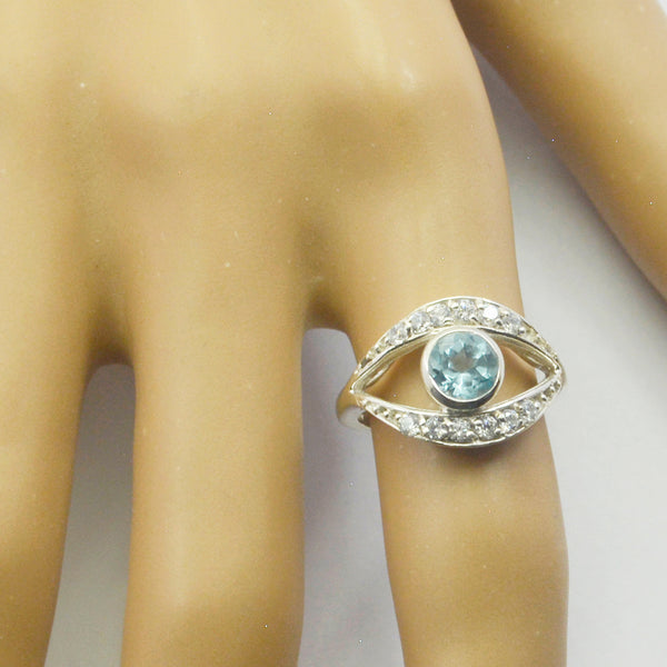 Blue Topaz Halo French Silver Blue Gems Featherlight Luxurious Ring Jewelry