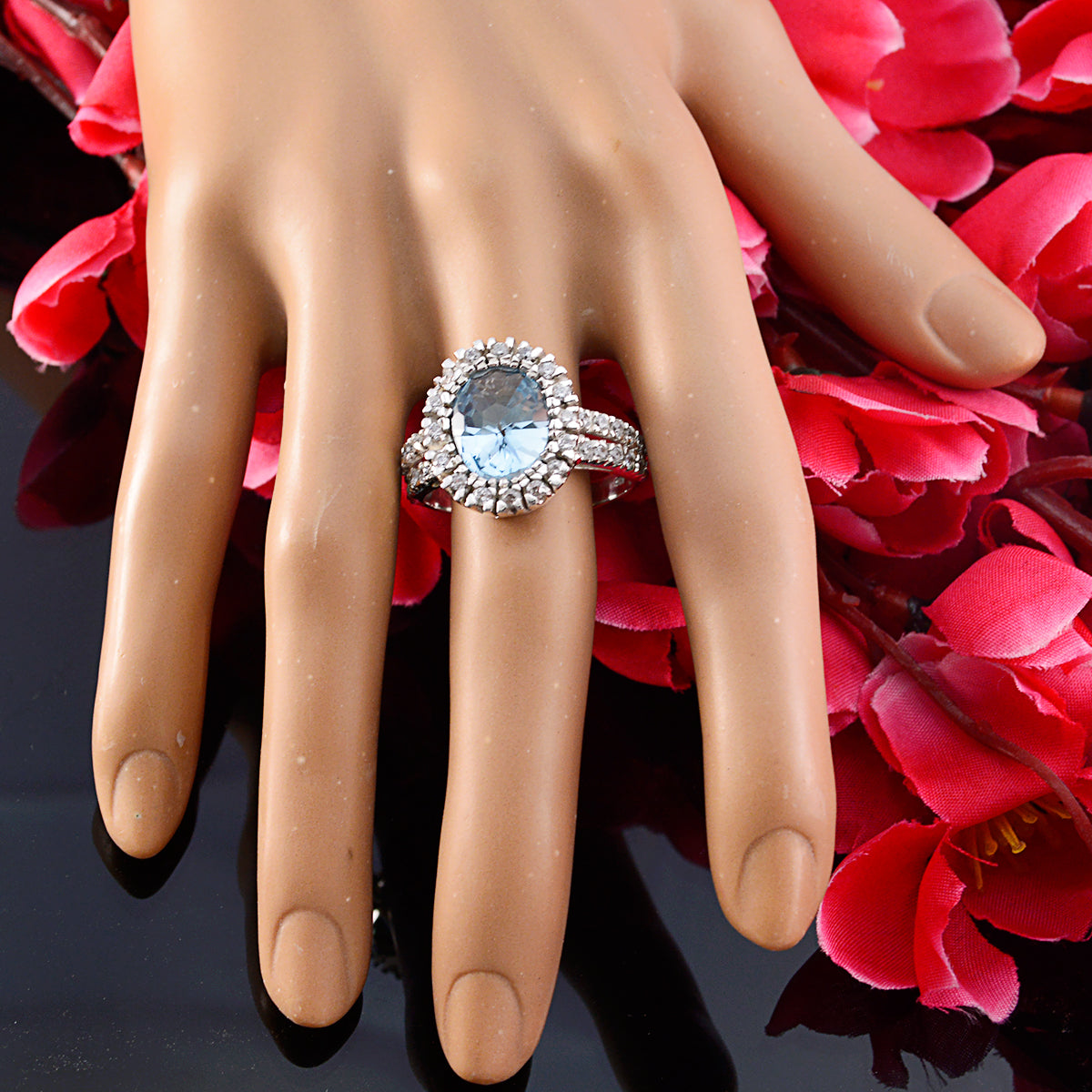 Blue Topaz Halo Russian Sterling Silver Blue Gemstones Eye catching Contemporary Ring Jewellery