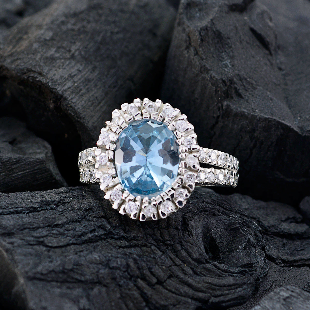 Blue Topaz Halo Russian Sterling Silver Blue Gemstones Eye catching Contemporary Ring Jewellery