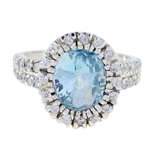 Blue Topaz Halo Russian Sterling Silver Blue Gemstones Eye catching Contemporary Ring Jewellery