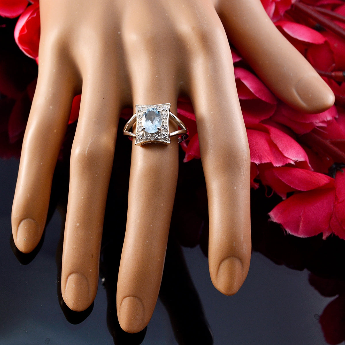 Blue Topaz Halo American Silver Blue Gems Whisper thin Glamorous Ring Jewellery