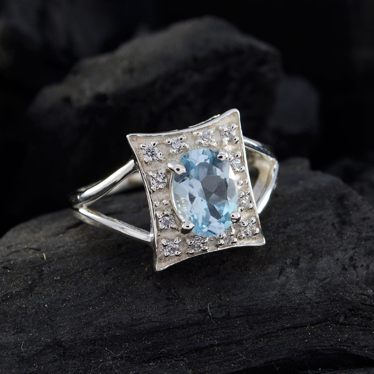 Blue Topaz Halo American Silver Blue Gems Whisper thin Glamorous Ring Jewellery