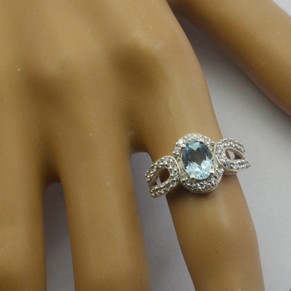 Blue Topaz Halo German Silver Blue Gemstones Slim Trendy Ring Jewelry