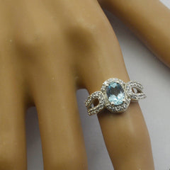 Blue Topaz Halo German Silver Blue Gemstones Slim Trendy Ring Jewelry
